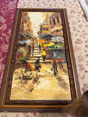 Vintage Signed Market Street Scene Painting in Brown, Yellow, Green